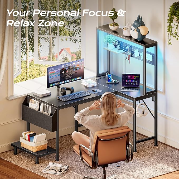 PRAISUN L Shaped Gaming Desk with LED Lights & Power Outlets | Reversible Computer Desk with Storage Shelves & Bag, Small Corner Home Office Desk with Pegboard for Work from Home, Black - Image 6