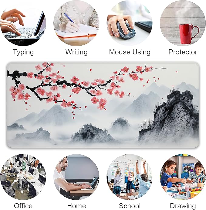 Japanese Watercolor Cherry Blossoms Desk Mat, XXL 35.4"x15.7" Large Mouse Pad, Sakura Extended Gaming Mouse Mat,Non-Slip Rubber Base Waterproof with Stitched Edges for Gaming Office Home Decor - Image 6