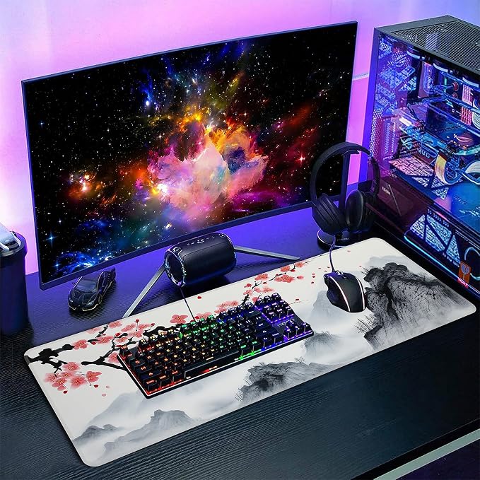 Japanese Watercolor Cherry Blossoms Desk Mat, XL 31.5"x11.8" Large Mouse Pad, Sakura Extended Gaming Mouse Mat,Non-Slip Rubber Base Waterproof with Stitched Edges for Gaming Office Home Decor - Image 7