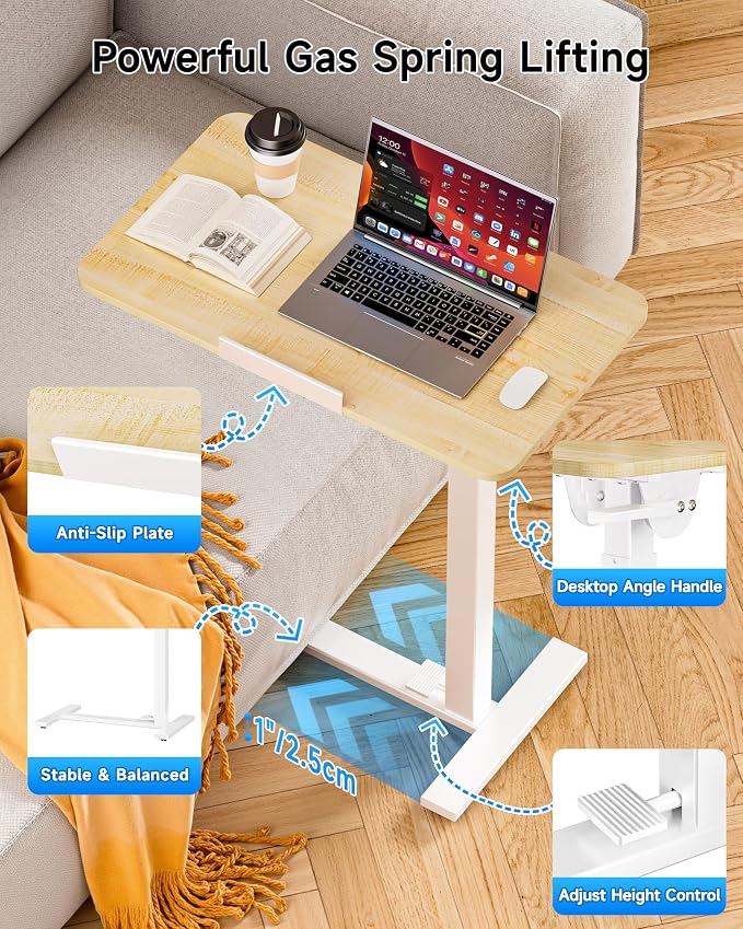 BIZUM Mobile Standing Desk Laptop Desk Pneumatic with Wheels 180° Tilt Top Hospital Bed Table Portable Rolling Cart Foldable Bedside Table for Hospital&Home Use, Maple - Image 3