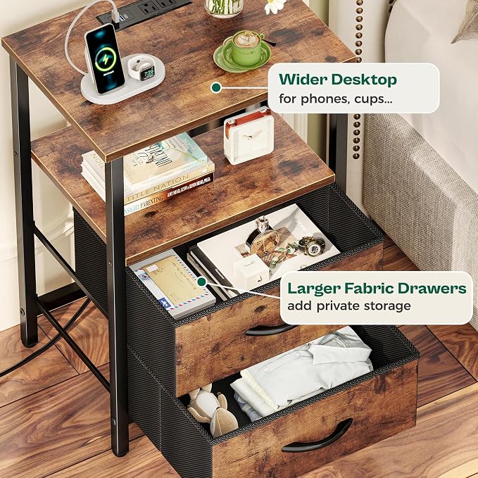 Huuger Night Stand with Charger Station and LED Lights, 2 Drawer Nightstand - Image 7