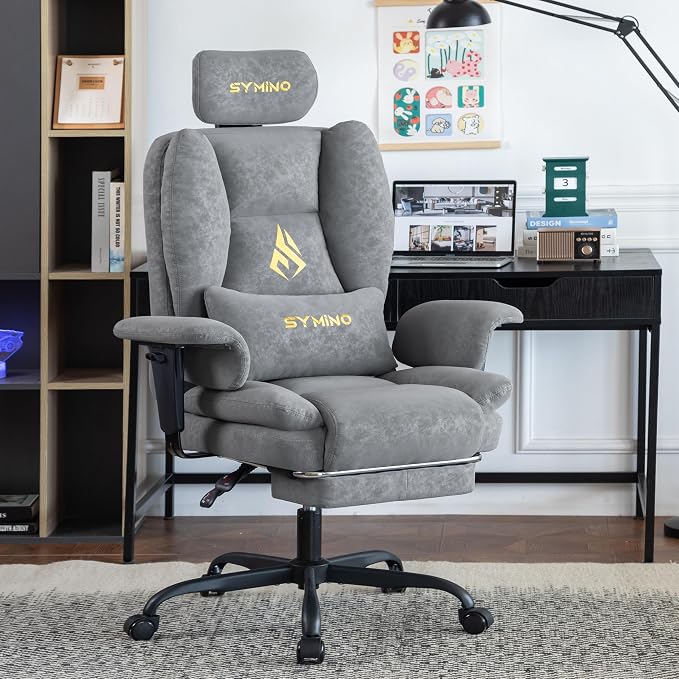 Symino Gaming Chair with Footrest, Up/Down Armrests, Suede Fabric Ergonomic Office Chair, 150° Recline Computer Chair for Desk, Grey - Image 2