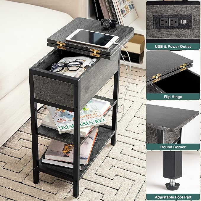 Yoobure End Table with Charging Station, Flip Top Side Table with USB Ports and Outlets, Sofa Couch Table Bedside Table for Living Room Bedroom, Narrow Nightstand with Storage Shelves for Small Space - Image 5