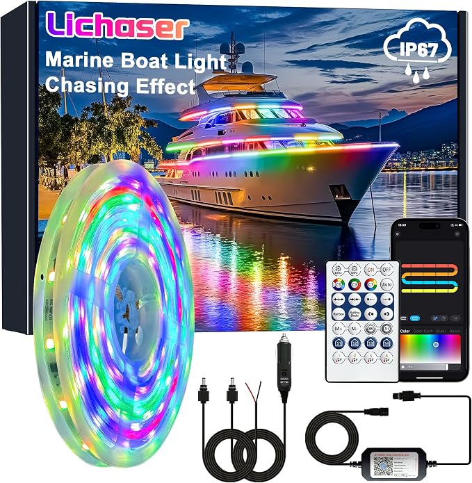 Lichaser Boat LED Strip Light RGB+IC, Marine LED Light Strip for Pontoon with Remote, Segment App Control Boat Light Waterproof 12V, Cool Stuff for Jon Boat, Bass Boat, Camper, RV (16.5ft) by Unknown