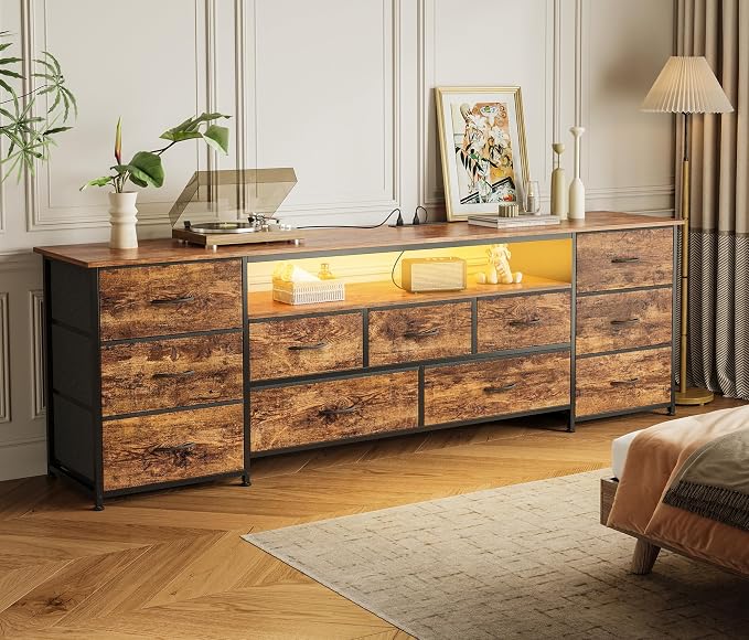 Huuger 70 Inch TV Stand for 75, 80 Inch TV, 11 Drawer Long Dresser with Power Outlets and LED Lights, Entertainment Center with Storage, Rustic Brown Dresser with Printed Surface - Image 7