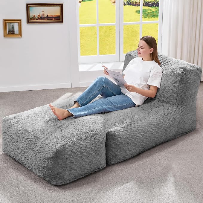Hobestluk Large Bean Bag Chairs Sofa for Adults Giant BeanBag Couch Lounger | Ergonomic Design,Memory Foam,Washable Cover,Oversized Comfy Chaise Lounger Boneless Couch Living Room | Chevron Grey Large by YourHomeDeservesMore