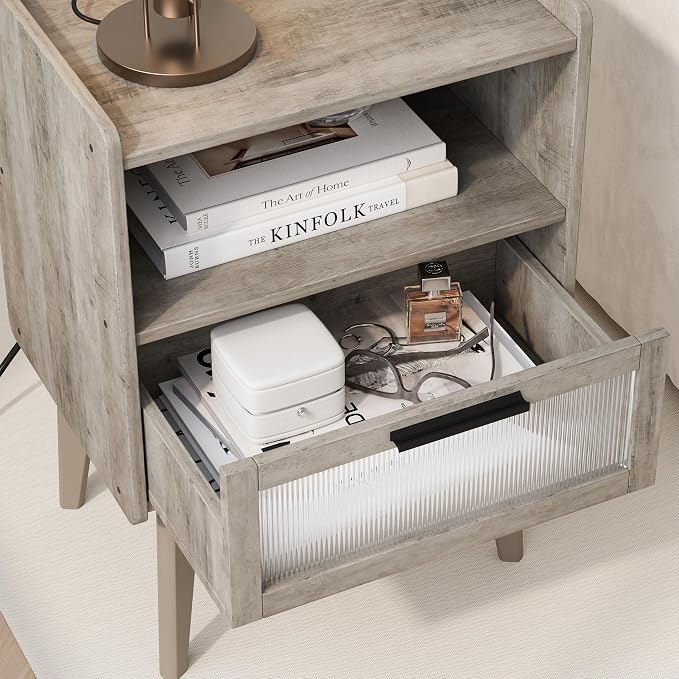 MMEOLUOOK Nightstand with Charging Station, Bedside Tables Oak Grey End Table Side Table with 2 Tiers Storage Space, for Bedroom Living Room MLBZ07GE - Image 7