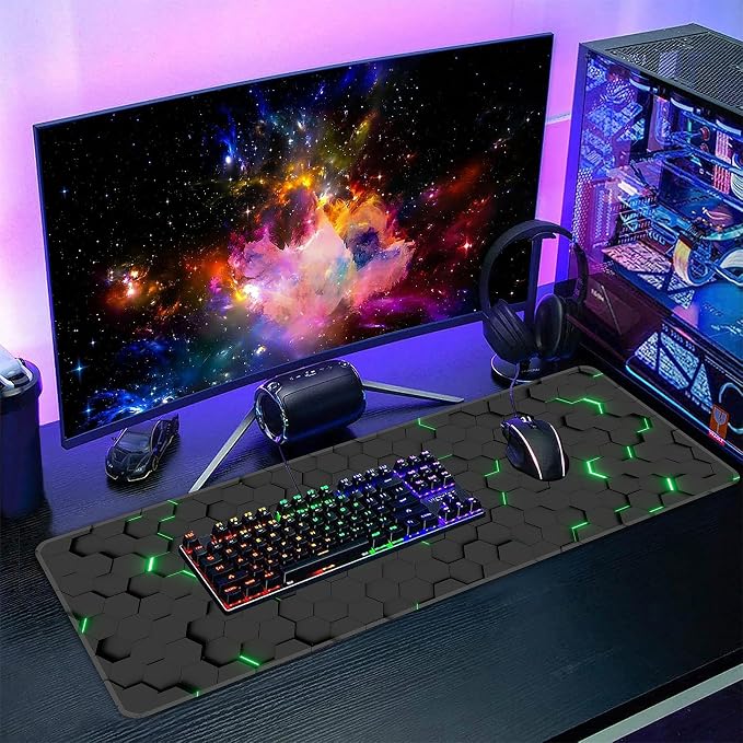 Green Hexagon Honeycomb Desk Mat, XL 31.5"x11.8" Large Mouse Pad, Geometric Extended Gaming Mouse Mat,Non-Slip Rubber Base Waterproof with Stitched Edges for Gaming Office Home Decor - Image 6