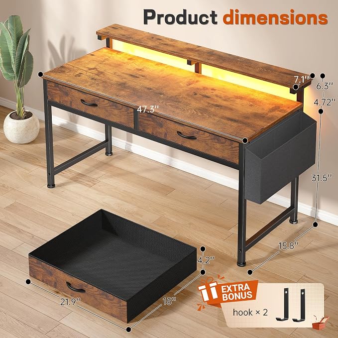DurayLoly Gaming Desk with 2Drawers & LED Lights,Space Saving,Rustic Brown - Image 3
