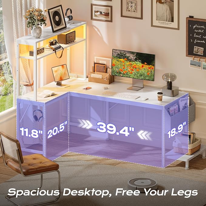 PRAISUN L Shaped Gaming Desk with LED Lights & Power Outlets | Reversible Computer Desk with Storage Shelves & Bag, Large Corner Home Office Desk with Pegboard for Work from Home, White - Image 5