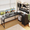 L-Shaped Computer Desk with Charging Station and Light Strip, Gaming Desk with Pegboard & Storage Shelves, Corner Table with 3 Drawers, Monitor and Computer Tower Stand for Home Office, Black by Lazmvlz