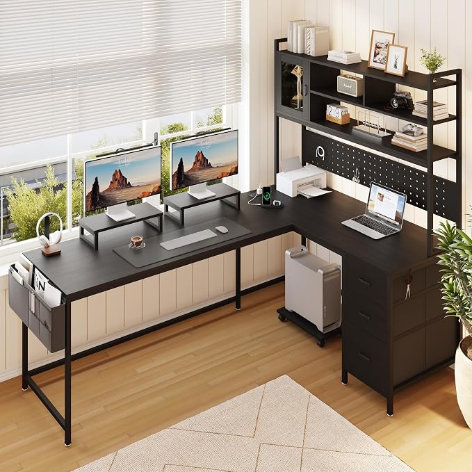 L-Shaped Computer Desk with Charging Station and Light Strip, Gaming Desk with Pegboard & Storage Shelves, Corner Table with 3 Drawers, Monitor and Computer Tower Stand for Home Office, Black by Lazmvlz