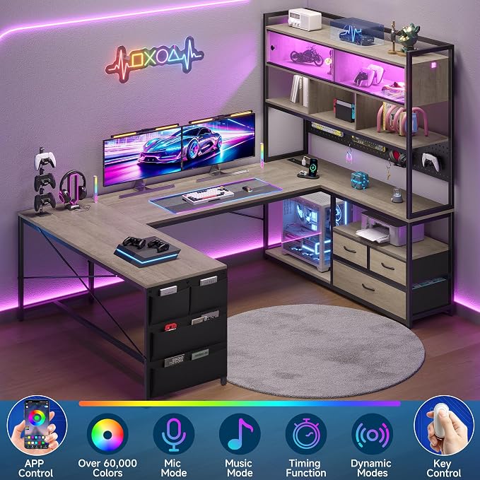 busyeah U-Shaped Gaming Desk with Storage Shelves & 3 Drawers, Oak Gray | Reversible Computer Desk with LED Lights & Charging Station, Gaming Desk with Hutch and Pegboard for Home Office, Gamers - Image 6