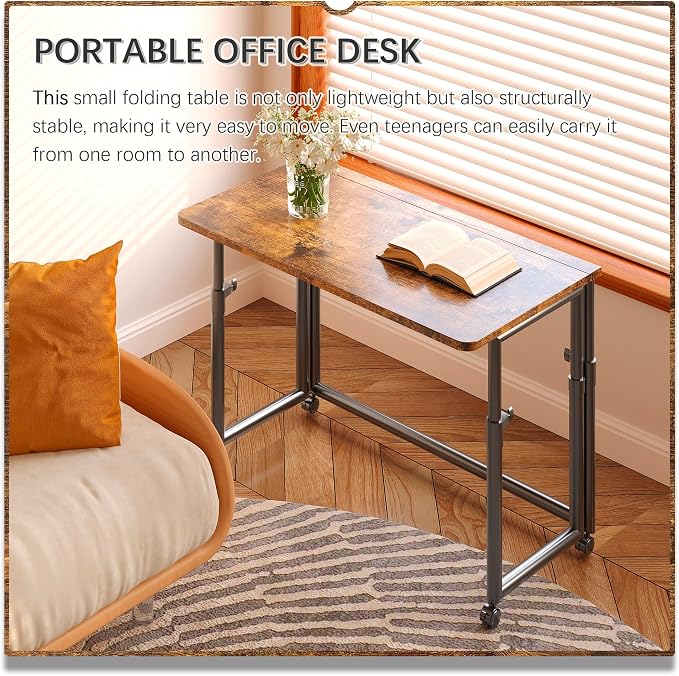 4NM No Assembly 31.5" Small Desk, Folding Portable Desk with Wheels, Adjustable Height Foldable Computer Home Office Desks, Collapsible Study Writing Table for Space Saving Bedroom - Rustic Brown - Image 5