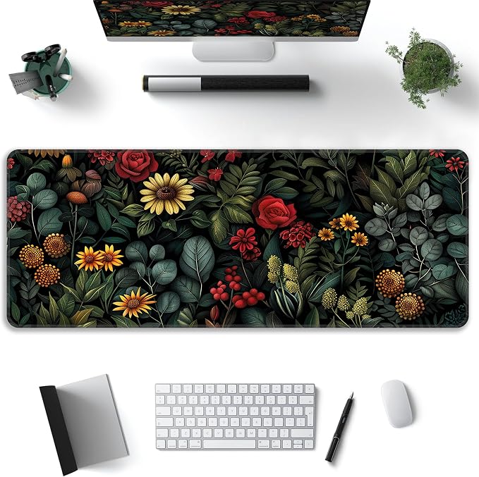 Floral Plant Desk Mat, XL 31.5"x11.8" Large Mouse Pad, Dark Flower Extended Gaming Mouse Mat,Non-Slip Rubber Base Waterproof with Stitched Edges for Gaming Office Home Decor - Image 2