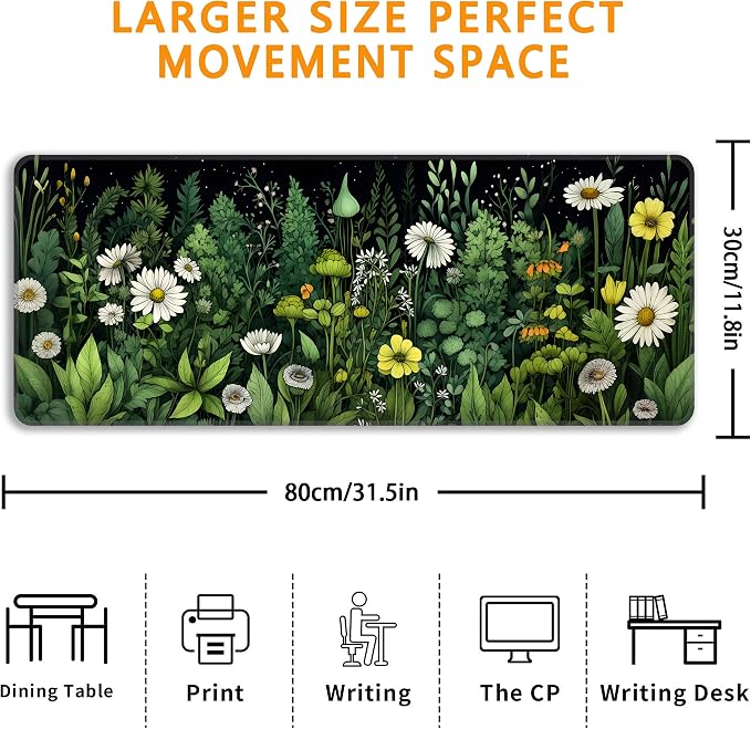 Green Vintage Plants Desk Mat, XL 31.5"x11.8" Large Mouse Pad, Wildflowers Extended Gaming Mouse Mat,Non-Slip Rubber Base Waterproof with Stitched Edges for Gaming Office Home Decor - Image 3