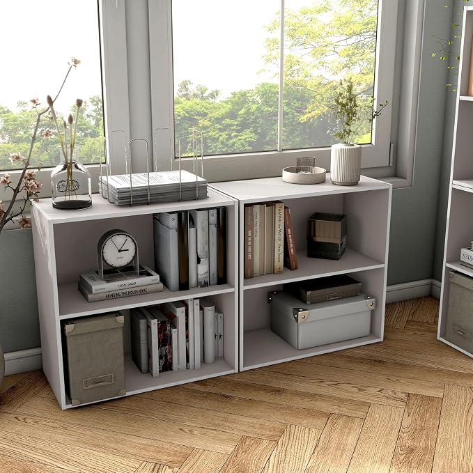 Homes: Inside + Out Apexa 2-Tier Cube Storage Organizer Shelves, Stackable Wood Bookcase Fits Cubby Bins for Organization, Dorm Teen Room Decor & Home Office, Taupe Grey - Image 7