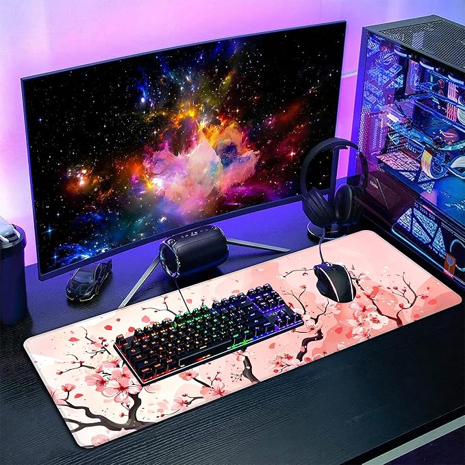 Pink Cherry Blossom Desk Mat, XL 31.5"x11.8" Large Mouse Pad, Cute Sakura Extended Gaming Mouse Mat,Non-Slip Rubber Base Waterproof with Stitched Edges for Gaming Office Home Decor - Image 7