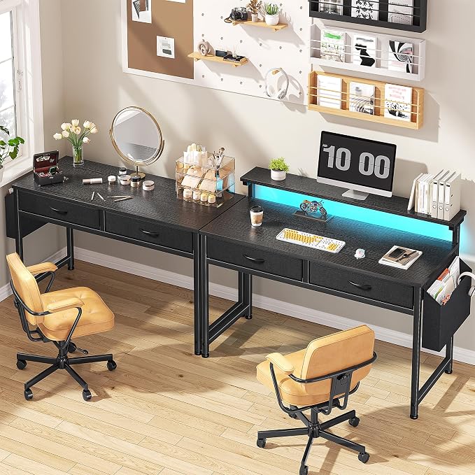 DurayLoly 39.4" Office Computer Desk with LED Lights & 2 Drawers,Black - Image 9