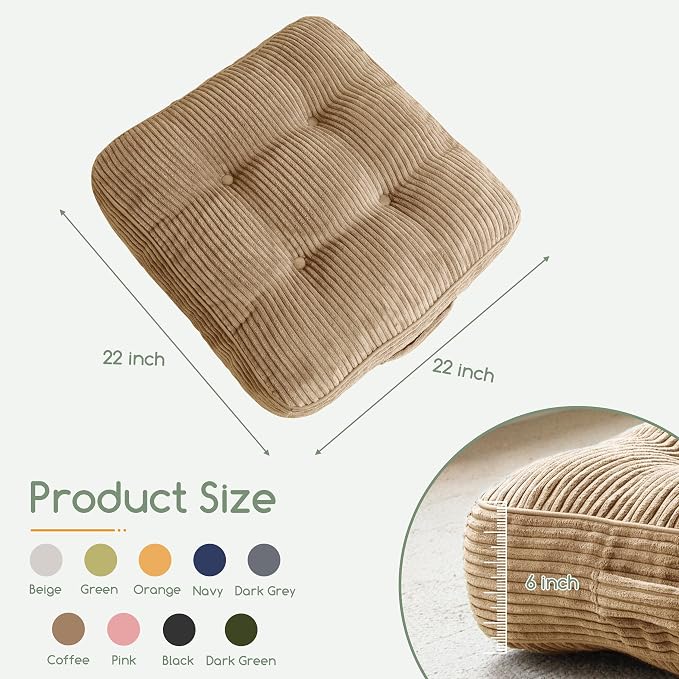 HIGOGOGO 6" Extra Thick Floor Pillow Cushion for Adults, Meditation Cushion Pillow, Large Square Floor Sitting, Tufted Corduroy Cover, for Tatami Living Room or Yoga, 22x22 Inch, Coffee - Image 2