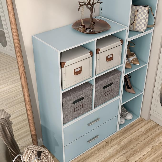 Homes: Inside + Out Apexa 4-Cube Storage Organizer Shelves, Stackable Wood Bookcase Fits Cubby Bins for Organization, Dorm Teen Room Decor & Home Office, Light Blue - Image 13