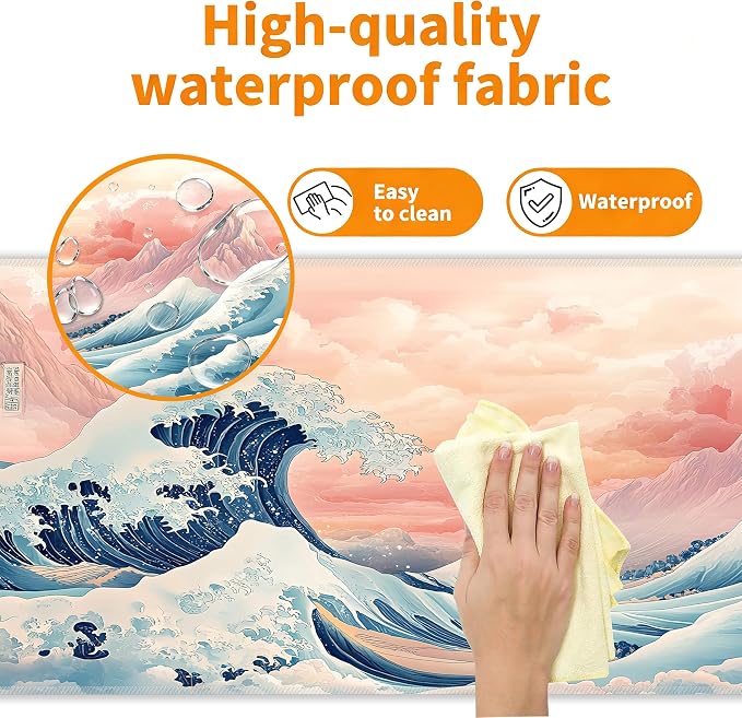 Japanese Sea Wave Desk Mat, XXL 35.4"x15.7" Large Mouse Pad, Pink Clouds Extended Gaming Mouse Mat,Non-Slip Rubber Base Waterproof with Stitched Edges for Gaming Office Home Decor - Image 4