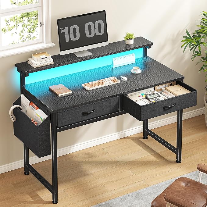 DurayLoly 31Inch Office Computer Desk with LED Lights & 2 Fabric Drawers, Gaming Desk with Side Pocket & Ergonomic Monitor Stand, Small Space Study Writing Table with Anti-Tip Design,Black by Durayloly