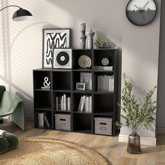 Homes: Inside + Out Apexa 2-Cube Storage Organizer Shelves, Stackable Wood Bookcase Fits Cubby Bins for Organization, Dorm Teen Room Decor & Home Office, Black - Image 12