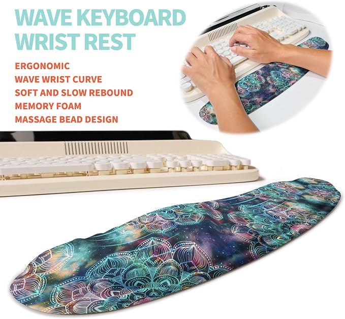 2-in-1 Ergonomic Set, Wave Rise Keyboard Wrist Rest and Massage Bulge Slope Mouse Pad Wrist Support, Cushion Memory Foam Integrated to Relieve Wrist Pain, Galaxy Mandala - Image 2