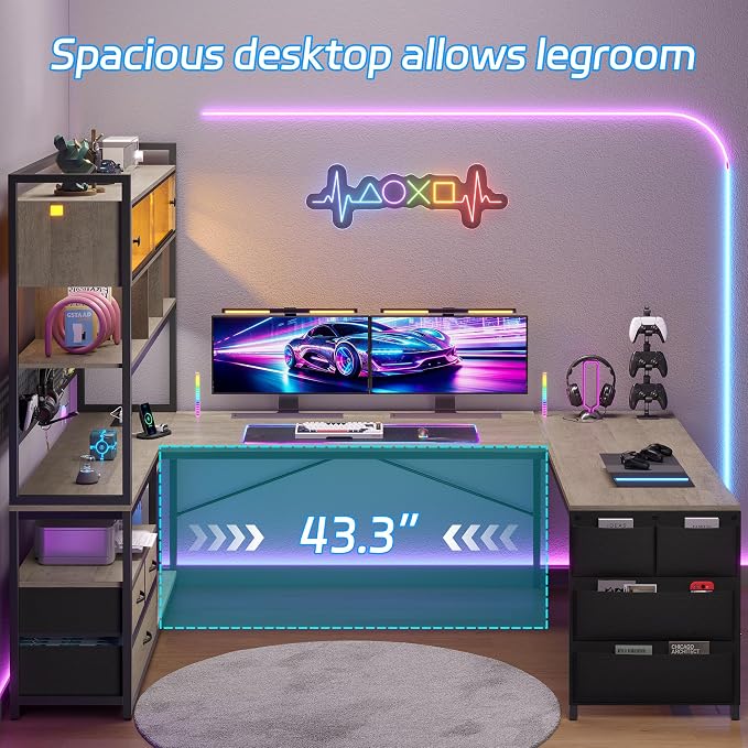 busyeah U-Shaped Gaming Desk with Storage Shelves & 3 Drawers, Oak Gray | Reversible Computer Desk with LED Lights & Charging Station, Gaming Desk with Hutch and Pegboard for Home Office, Gamers - Image 5