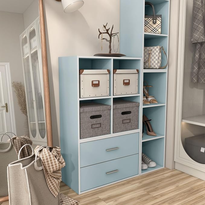 Homes: Inside + Out Apexa 4-Cube Storage Organizer Shelves, Stackable Wood Bookcase Fits Cubby Bins for Organization, Dorm Teen Room Decor & Home Office, Light Blue - Image 12