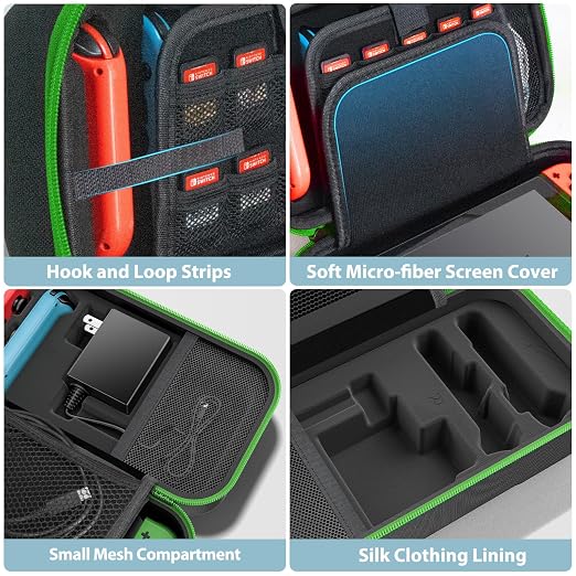 OIVO Switch OLED Carrying Case Compatible with Nintendo Switch & OLED, Portable Switch Travel Carry Case Fit for Joy-Con and Adapter, Hard Shell Protective Switch Pouch Bag with 20 Games, Green - Image 5