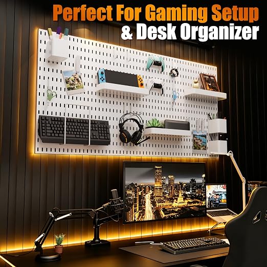 Wall Organizer Set 4 Pack 11"x11" No-Drill Peg Board Pannels with 16 Hooks & Bins Modular Pegboard Wall Organization for Gaming room Home Office Craft Room and Kitchen, White - Image 3
