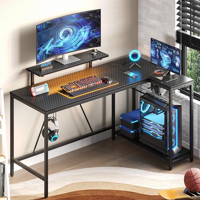 Bestier 58-Inch L-Shaped Gaming Desk with Charging & LED, Black by Bestier