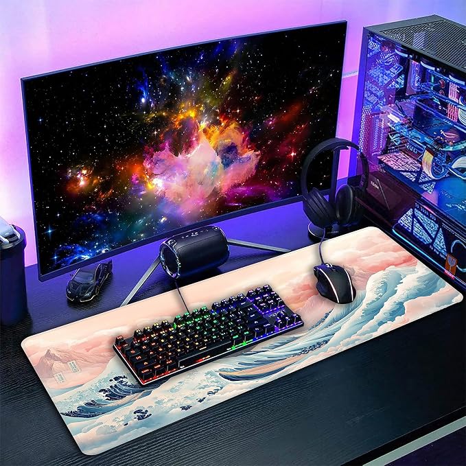 Japanese Sea Wave Desk Mat, XXL 35.4"x15.7" Large Mouse Pad, Pink Clouds Extended Gaming Mouse Mat,Non-Slip Rubber Base Waterproof with Stitched Edges for Gaming Office Home Decor - Image 7