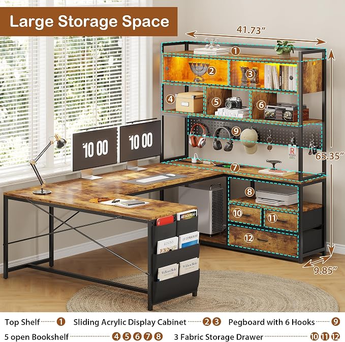 Dnxao 65" Gaming Desk with 3 Drawers and Pegboard, Rustic Brown | Reversible U Shaped Computer Desk with Power Outlets and LED Lights, Storage Shelves Workstation with Pegboard for Gamers - Image 4