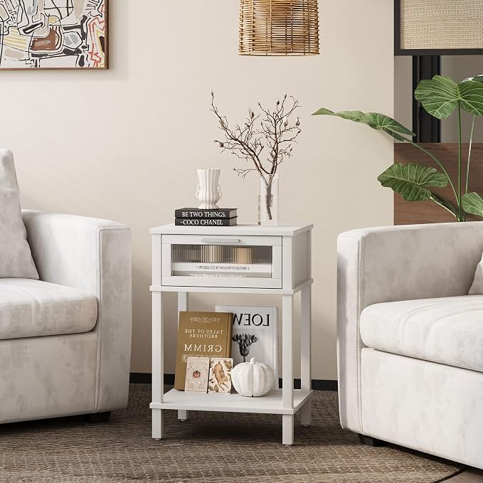Nightstand Wooden Bedside Table with Drawer White Night Stands Modern Style Small End Table Side Table with Storage Shelf for Bedroom Living Room MLBZ10W - Image 4