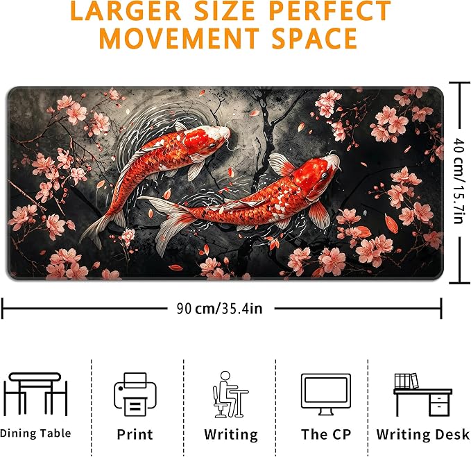 Koi Fish Desk Mat, XXL 35.4"x15.7" Large Mouse Pad, Japanese Cherry Blossoms Extended Gaming Mouse Mat,Non-Slip Rubber Base Waterproof with Stitched Edges for Gaming Office Home Decor - Image 3