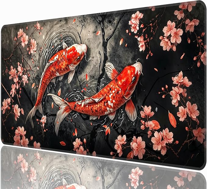 Koi Fish Desk Mat, XXL 35.4"x15.7" Large Mouse Pad, Japanese Cherry Blossoms Extended Gaming Mouse Mat,Non-Slip Rubber Base Waterproof with Stitched Edges for Gaming Office Home Decor by Unknown