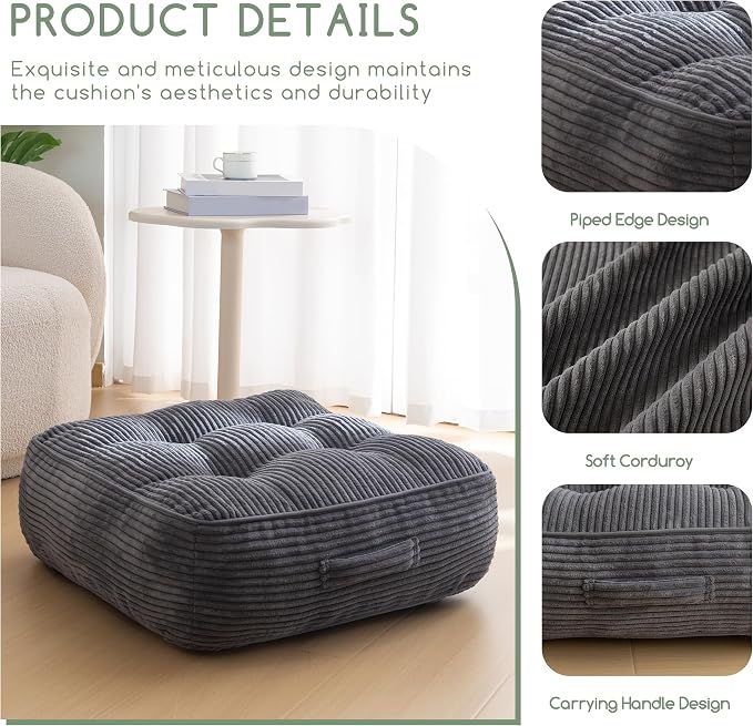 HIGOGOGO 8" Extra Thick Floor Pillow Cushion for Adults, Meditation Cushion Pillow, Large Square Floor Sitting, Tufted Corduroy Cover, for Tatami Living Room or Yoga, 22x22 Inch, 2Pack, Dark Grey - Image 3