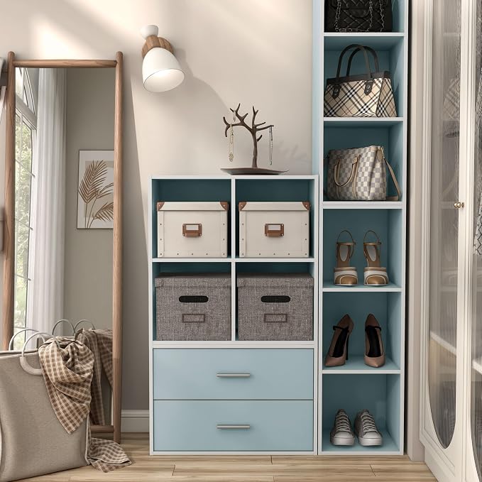 Homes: Inside + Out Apexa 4-Cube Storage Organizer Shelves, Stackable Wood Bookcase Fits Cubby Bins for Organization, Dorm Teen Room Decor & Home Office, Light Blue - Image 2
