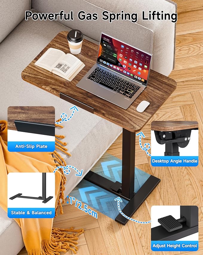 BIZUM Mobile Standing Desk Laptop Desk Pneumatic with Wheels 180° Tilt Top Hospital Bed Table Portable Rolling Cart Foldable Bedside Table for Hospital&Home Use, Walnut - Image 3