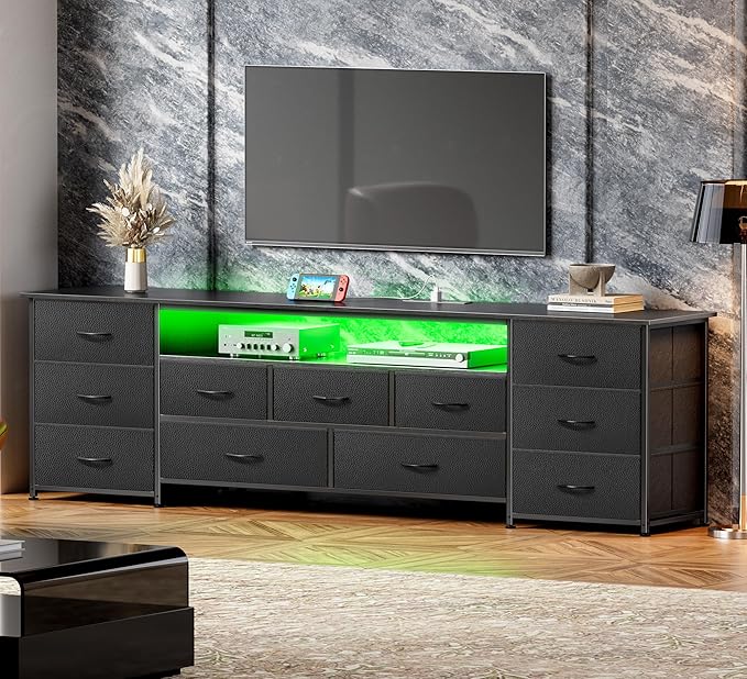 Huuger 78.7 Inch TV Stand for 75, 80 Inch TV, 11 Drawer Long Dresser with Power Outlets and LED Lights, Entertainment Center with Storage, Black Dresser with PU Leather Surface - Image 4