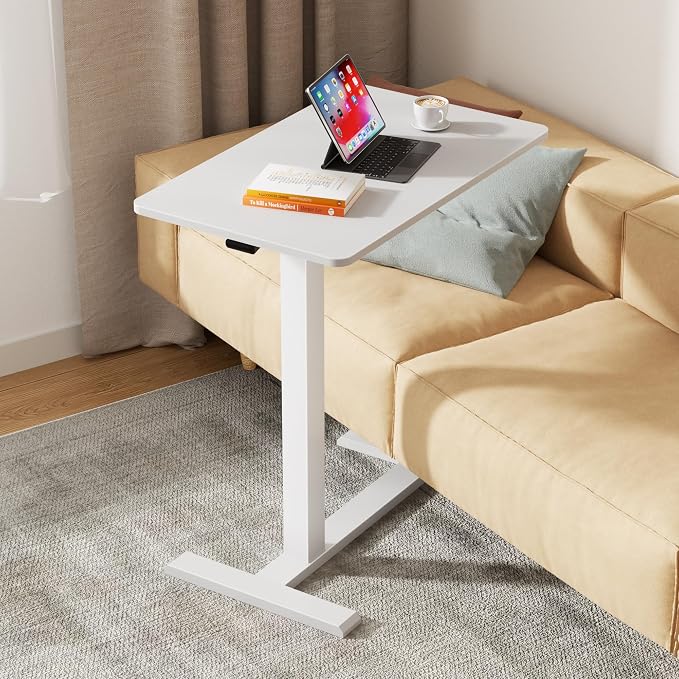 CROWNFURN Overbed Bedside Table with Wheels,Height Adjustable Bedside Table for Recliner,Rolling Standing Desk for Home Hospital,White - Image 2