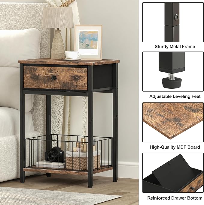 End Tables Bedroom, Night Stand with Drawers, Industrial nightstand, Nightstand with Fabric Bins, Bedside Table End Table for Bedroom, Closet, Entryway, College Dorm, Rustic Brown LNT0061BR - Image 6