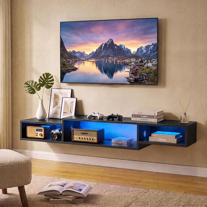 59 Inch Floating TV Stand with LED Light & Power Outlet, Black - Image 7