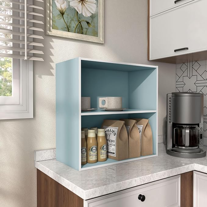 Homes: Inside + Out Apexa 2-Tier Cube Storage Organizer Shelves, Stackable Wood Bookcase Fits Cubby Bins for Organization, Dorm Teen Room Decor & Home Office, Light Blue - Image 9