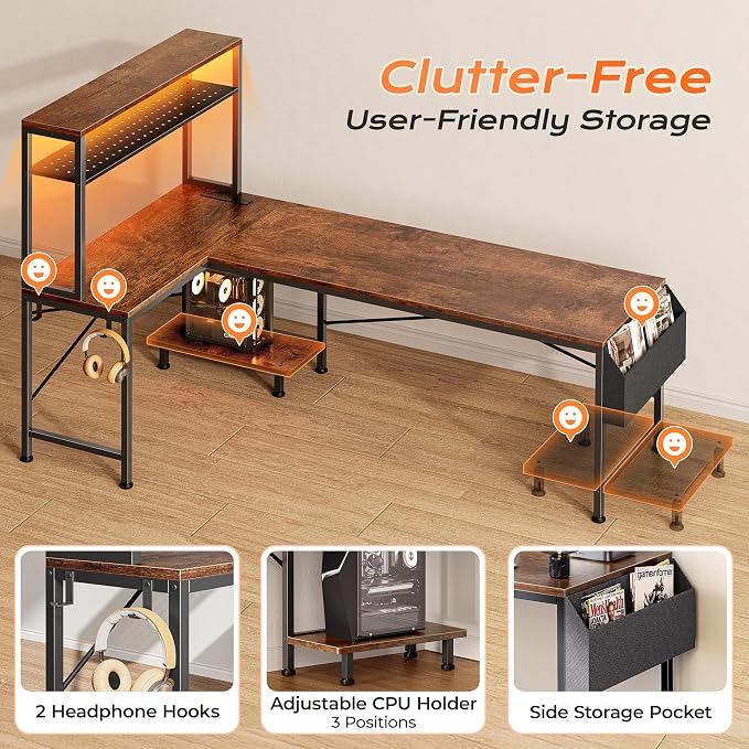 PRAISUN L Shaped Gaming Desk with LED Lights & Power Outlets | Reversible Computer Desk with Storage Shelves & Bag, Large Corner Home Office Desk for Work from Home, Rustic Brown - Image 9