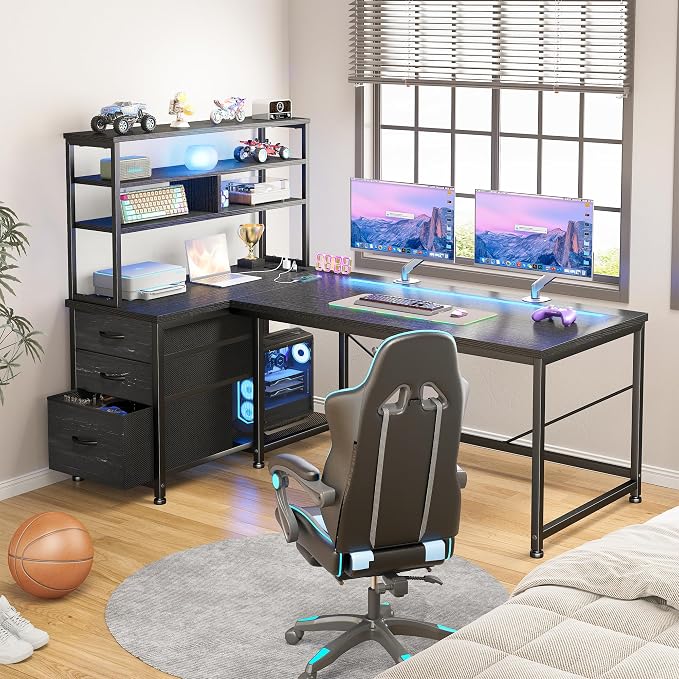 DurayLoly L Shaped Gaming Desk with 3 Fabric Drawers & Shelves for Storage - Image 2
