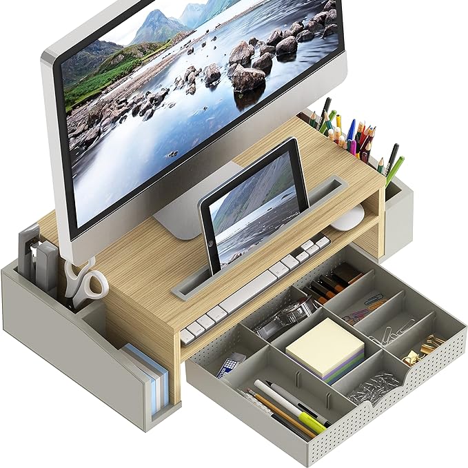 Simple Houseware Desk Monitor Stand Riser w/ Adjustable Tray, Oak | Built-In Tablet Slot and Side Storage - Image 2
